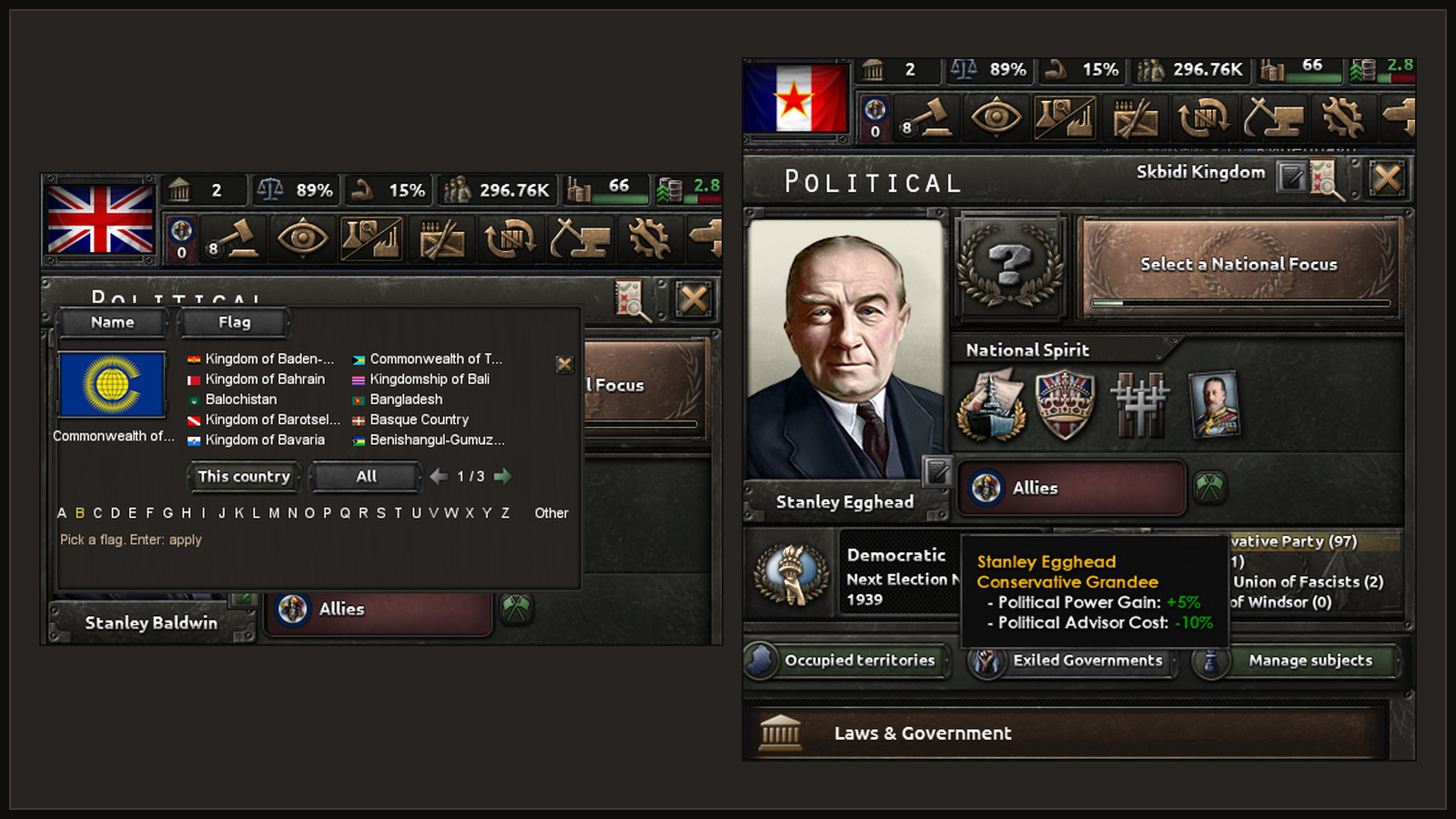 Left: a flag picker listing the game's flags by letter. Right: the Politics panel of the renamed country Skbidi Kingdom showing its new flag.