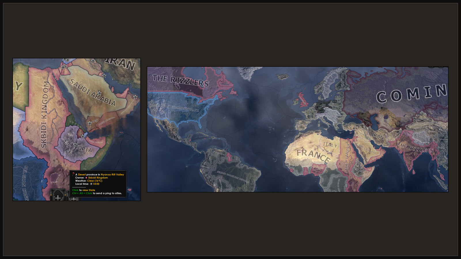 Left: a country labelled Skbidi Kingdom on the map. Right: a faction labelled The Rizzlers in the faction map mode.