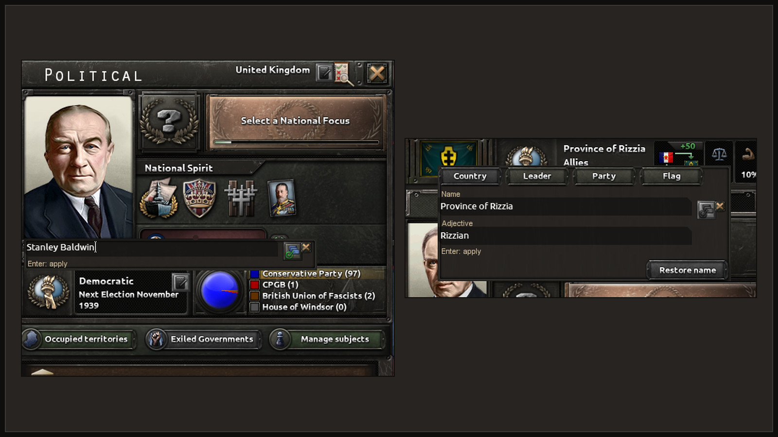 Two Rename Anything editors built on CAPIE: a leader name in the Politics panel and a subject's name and adjective, each in the game's own text field with Apply and Cancel.