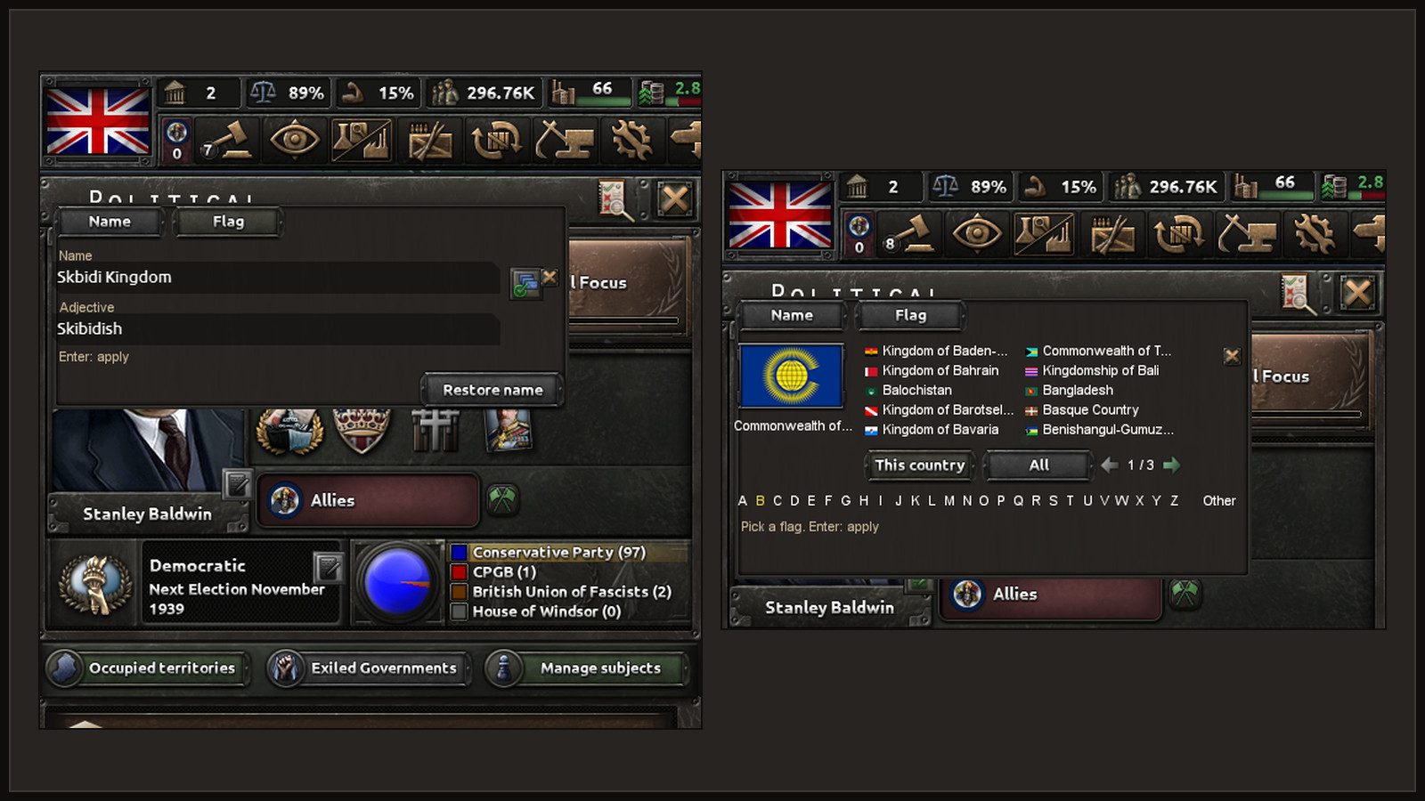 Left: the Politics panel with a Name tab, the country name Skbidi Kingdom and the adjective Skibidish in text fields. Right: the Flag tab, a list of flags with letter filters.