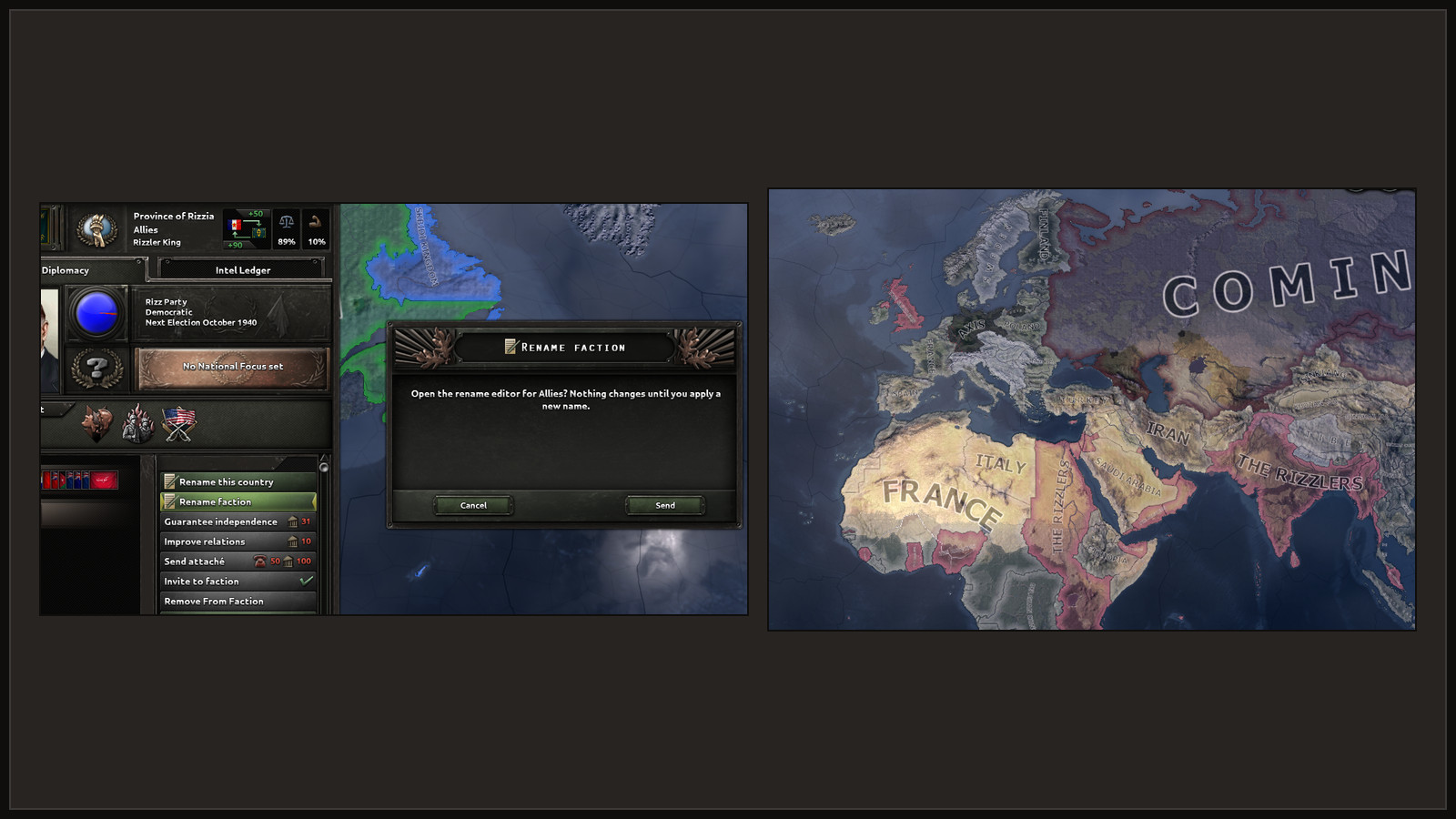 Left: the diplomatic action Rename faction and a dialog asking to open the editor for Allies. Right: the faction map mode with the renamed faction The Rizzlers.
