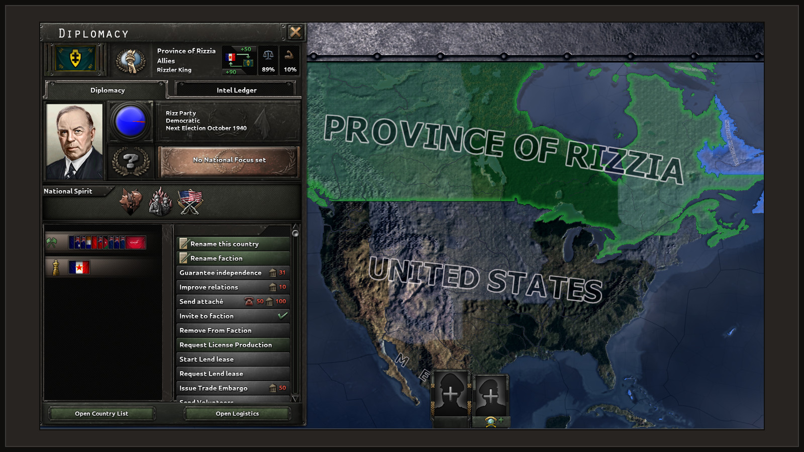 Hearts of Iron IV diplomacy screen with a subject renamed to Province of Rizzia, its leader Rizzler King and its Rizz Party; the map shows the new name across Canada.