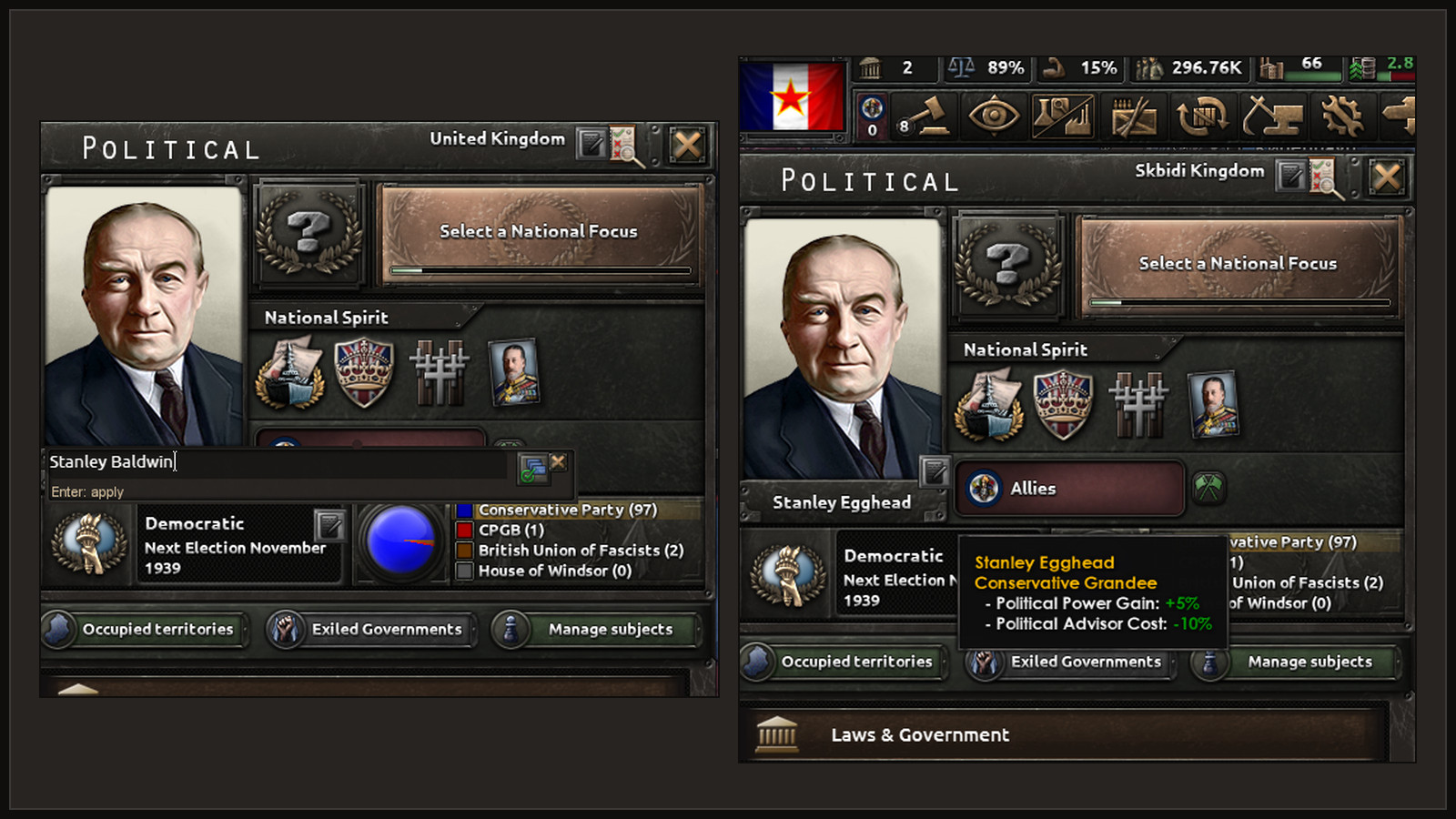 Left: the Politics panel with a text field under the leader portrait reading Stanley Baldwin. Right: the same panel after Apply, the leader now named Stanley Egghead.