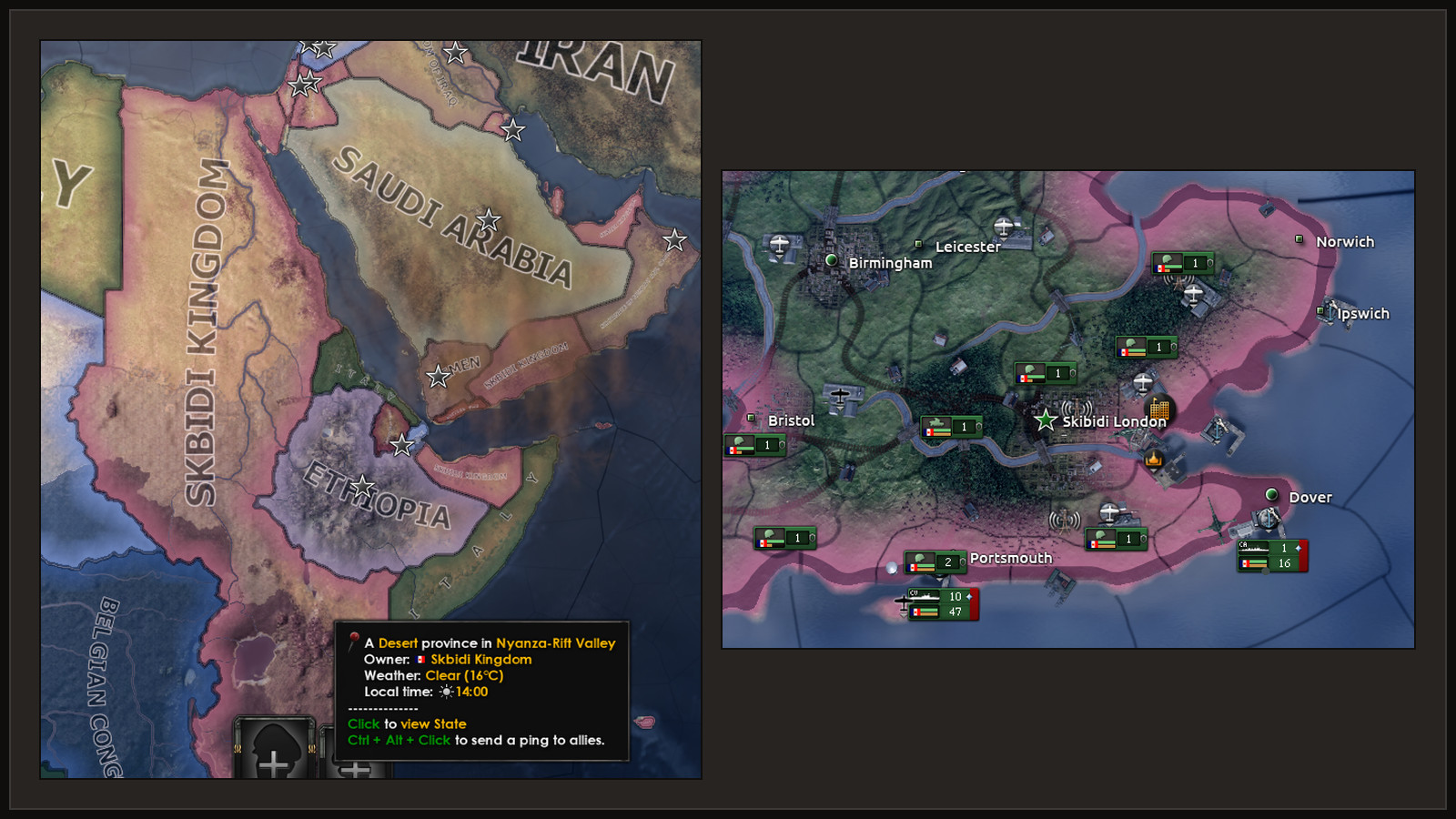 Left: the map of East Africa labelled Skbidi Kingdom, a province tooltip naming the owner Skbidi Kingdom. Right: the map of England with the city Skibidi London.