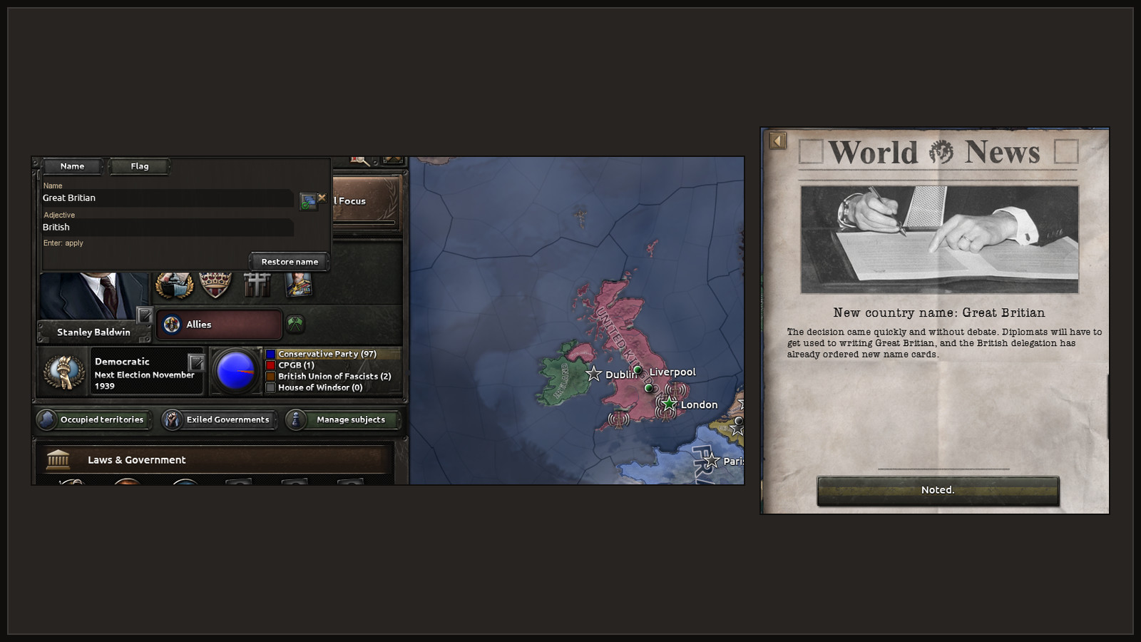 Left: the country editor with the name Great Britian. Right: a World News event titled New country name: Great Britian.