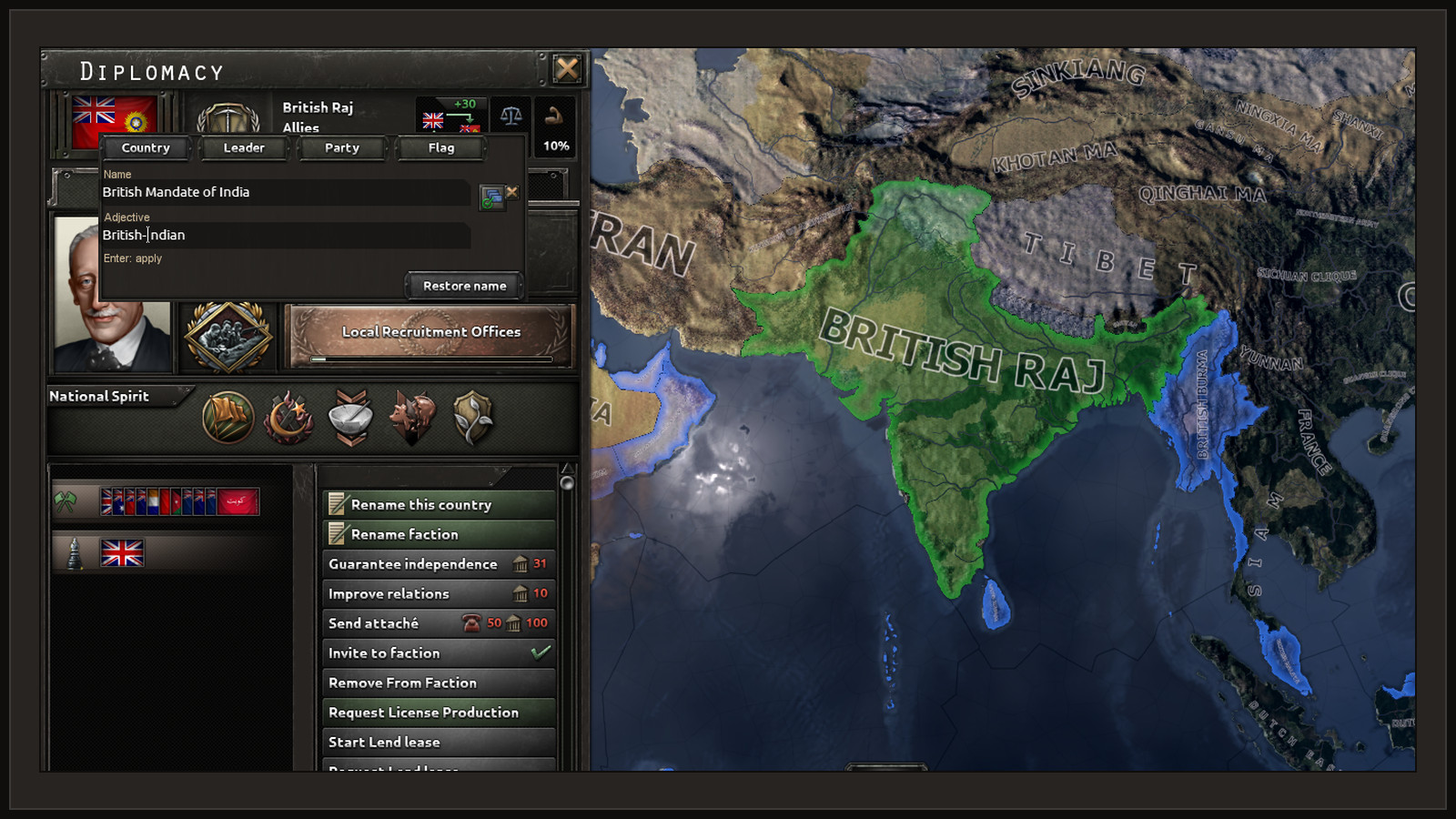 Diplomacy screen of the British Raj with an editor open over it: Country, Leader, Party and Flag tabs, the name British Mandate of India and the adjective British-Indian.